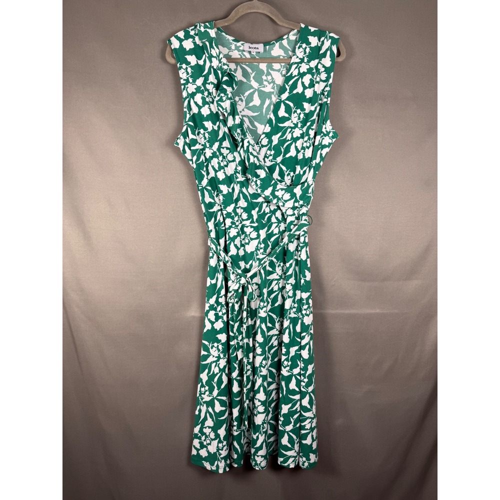 Leota Faux Wrap Dress Women XL Green White Floral Ruffle Sleeveless Midi